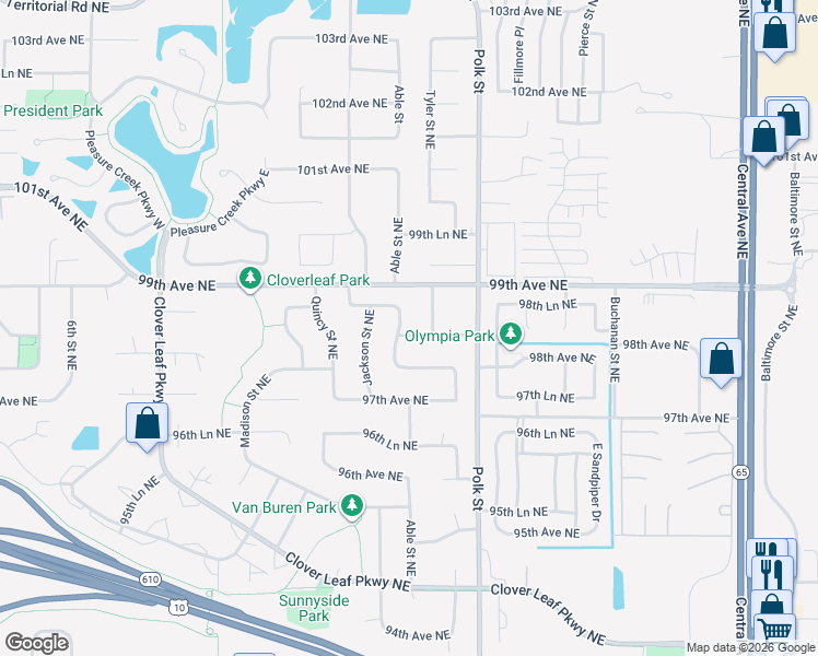 map of restaurants, bars, coffee shops, grocery stores, and more near 904 98th Avenue Northeast in Blaine