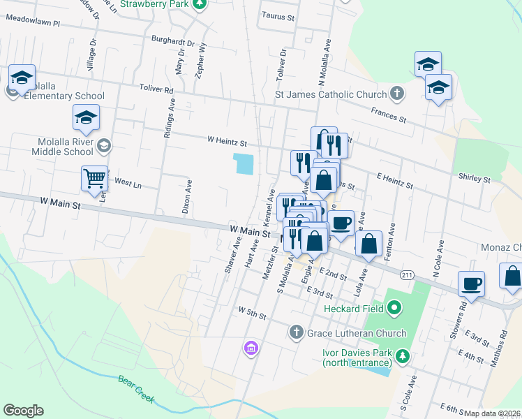 map of restaurants, bars, coffee shops, grocery stores, and more near 110 Kennel Avenue in Molalla