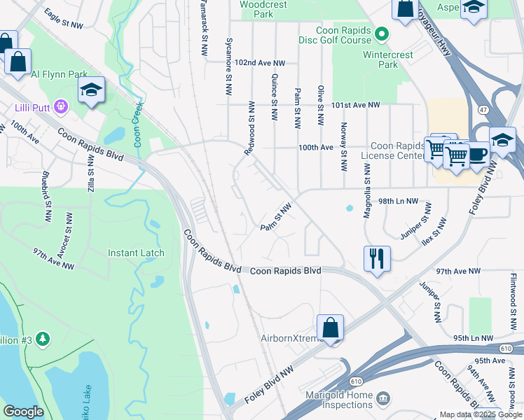 map of restaurants, bars, coffee shops, grocery stores, and more near 9806 Palm Street Northwest in Coon Rapids