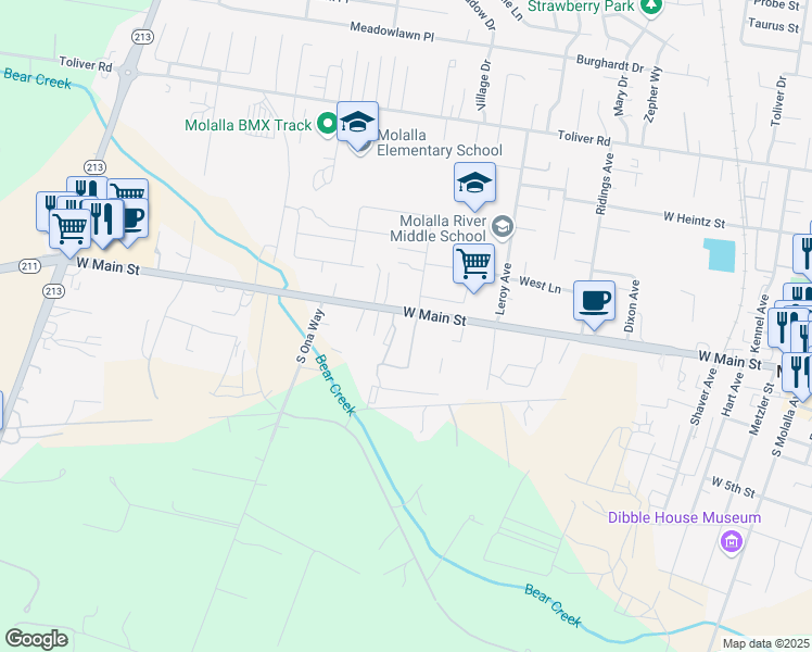 map of restaurants, bars, coffee shops, grocery stores, and more near 872 West Main Street in Molalla