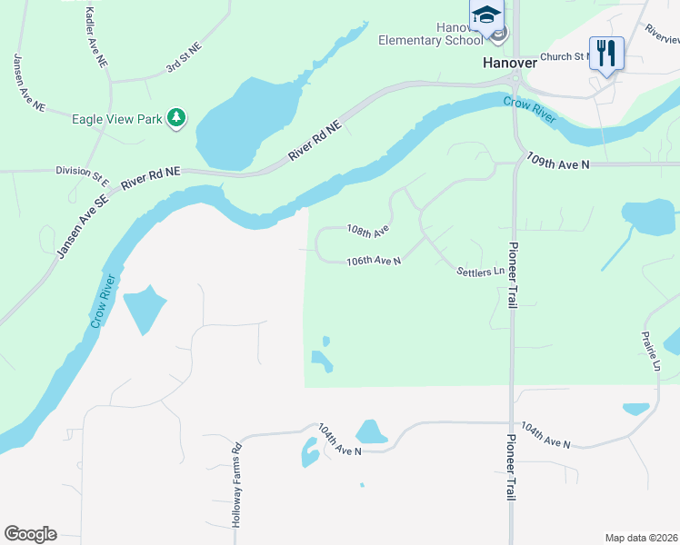 map of restaurants, bars, coffee shops, grocery stores, and more near 10561 106th Avenue North in Hanover