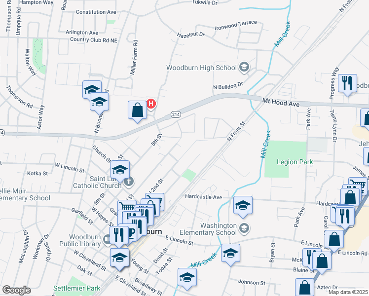 map of restaurants, bars, coffee shops, grocery stores, and more near 1182 North 2nd Street in Woodburn