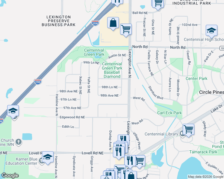 map of restaurants, bars, coffee shops, grocery stores, and more near 4091 98th Avenue Northeast in Circle Pines