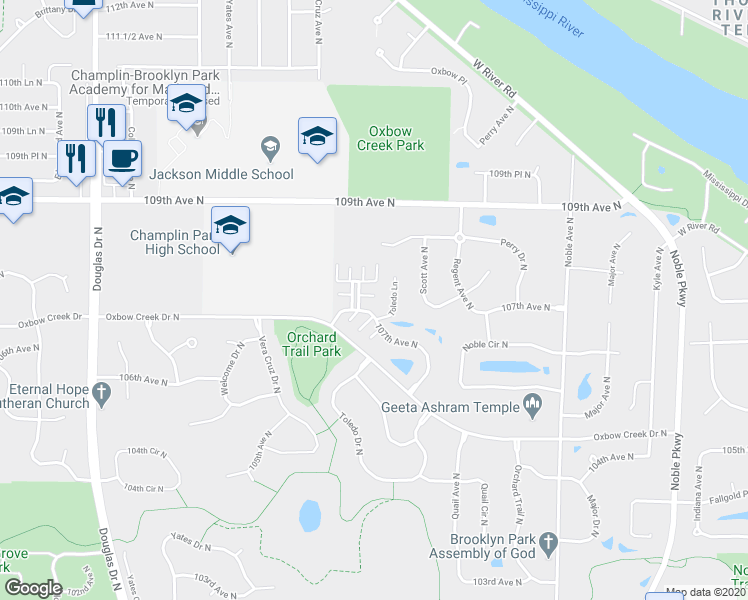 map of restaurants, bars, coffee shops, grocery stores, and more near 10714 Unity Lane North in Brooklyn Park