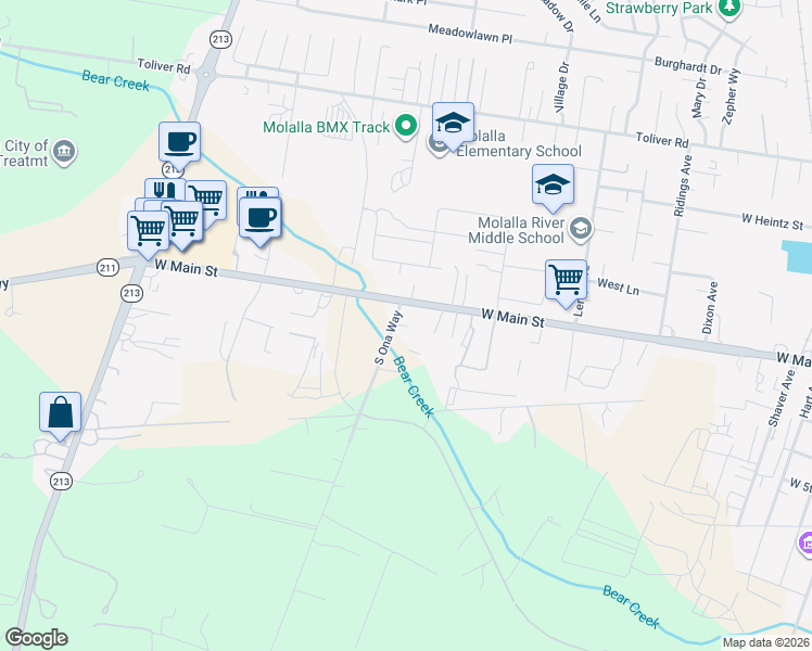 map of restaurants, bars, coffee shops, grocery stores, and more near 105 South Ona Way in Molalla