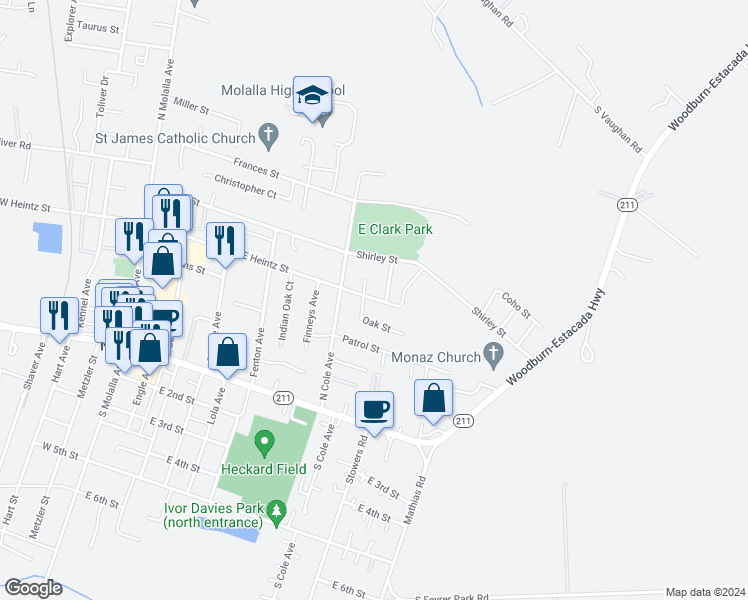 map of restaurants, bars, coffee shops, grocery stores, and more near 707 Oak Street in Molalla