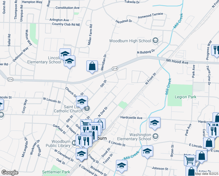 map of restaurants, bars, coffee shops, grocery stores, and more near 1104 North 3rd Street in Woodburn