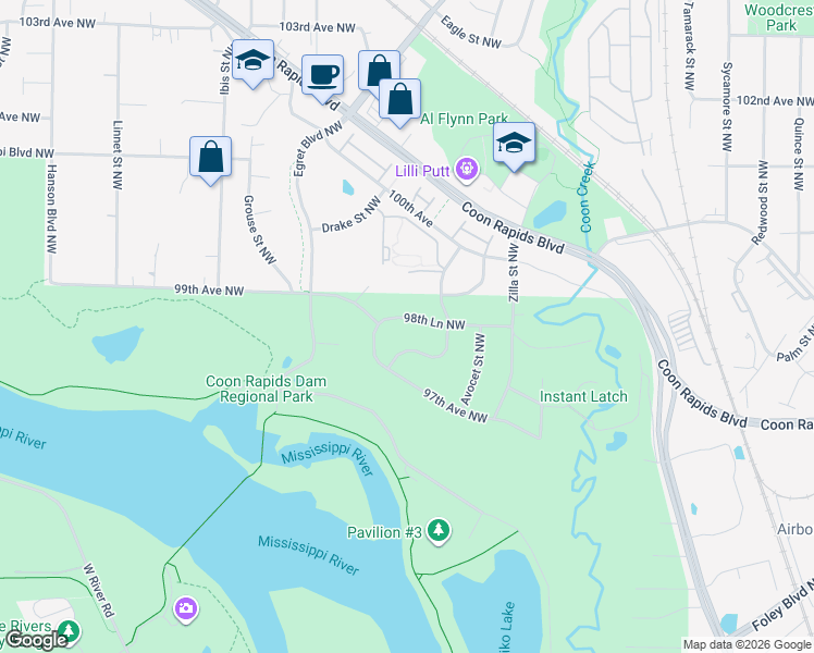 map of restaurants, bars, coffee shops, grocery stores, and more near 1432 98th Lane Northwest in Coon Rapids
