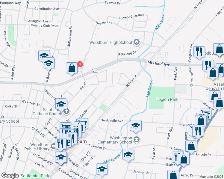 map of restaurants, bars, coffee shops, grocery stores, and more near 1361 North Front Street in Woodburn
