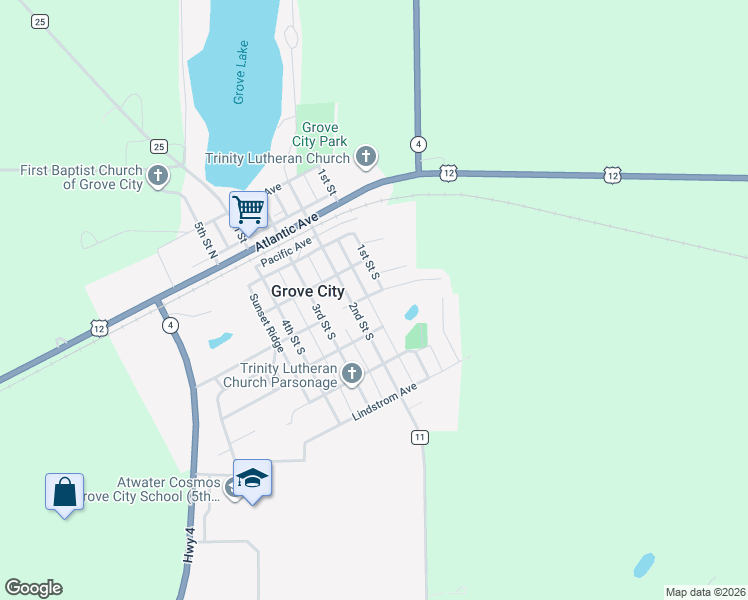 map of restaurants, bars, coffee shops, grocery stores, and more near 311 2nd Street South in Grove City
