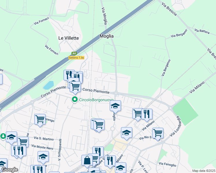 map of restaurants, bars, coffee shops, grocery stores, and more near 45 Via Colle dell'Assietta in Settimo Torinese
