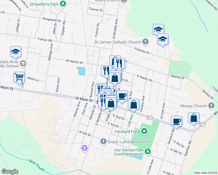 map of restaurants, bars, coffee shops, grocery stores, and more near 202 North Molalla Avenue in Molalla