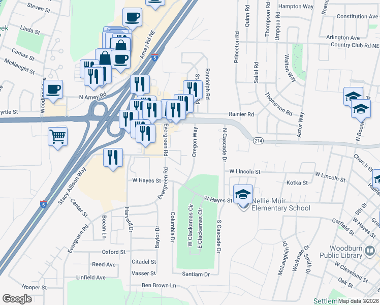 map of restaurants, bars, coffee shops, grocery stores, and more near 770 Evergreen Road in Woodburn