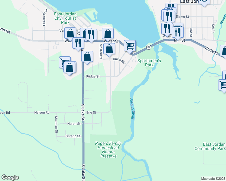 map of restaurants, bars, coffee shops, grocery stores, and more near 316-418 Echo Street in East Jordan