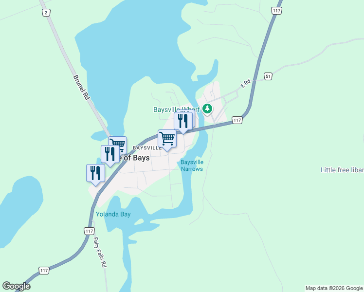 map of restaurants, bars, coffee shops, grocery stores, and more near 1 Bay Street in Baysville