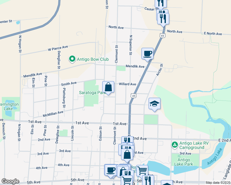 map of restaurants, bars, coffee shops, grocery stores, and more near 1332 Clermont Street in Antigo