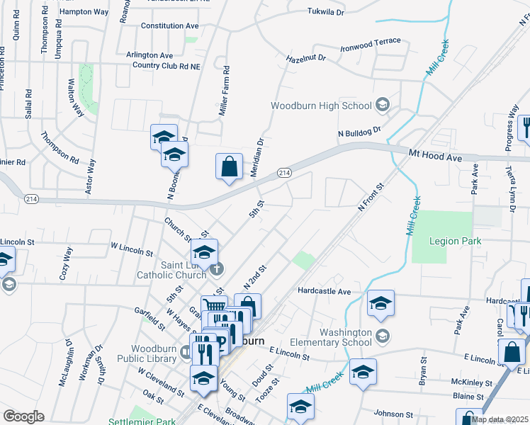 map of restaurants, bars, coffee shops, grocery stores, and more near 1080-1102 5th Street in Woodburn