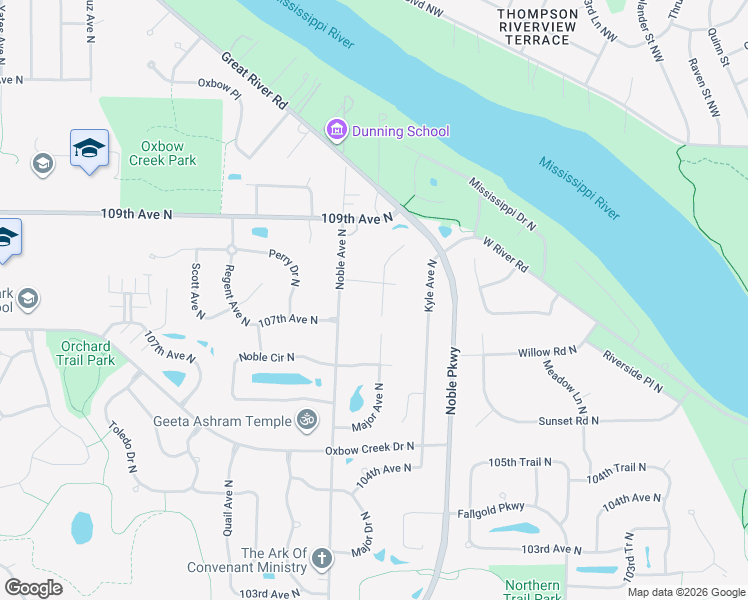 map of restaurants, bars, coffee shops, grocery stores, and more near 10700 Noble Avenue North in Minneapolis