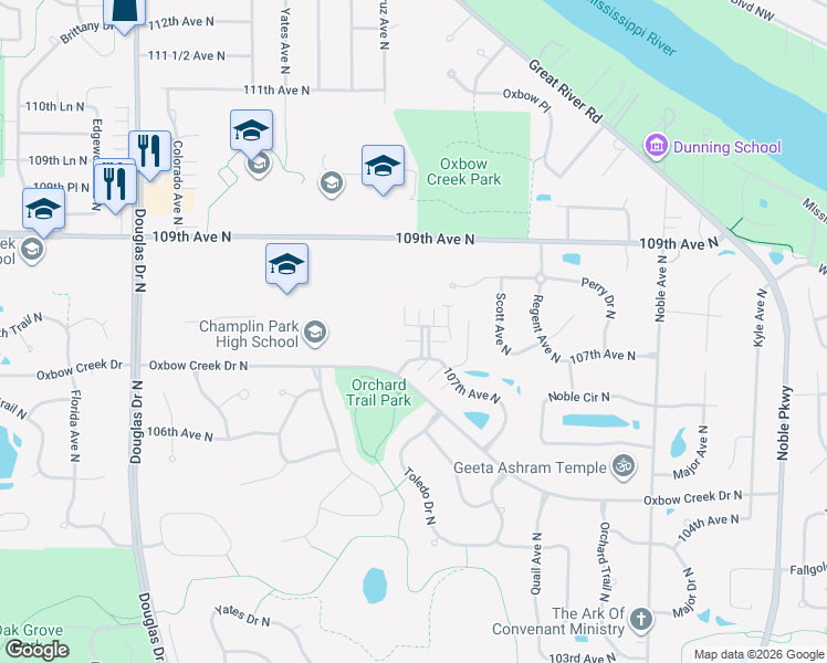 map of restaurants, bars, coffee shops, grocery stores, and more near 10783 Unity Lane in Brooklyn Park