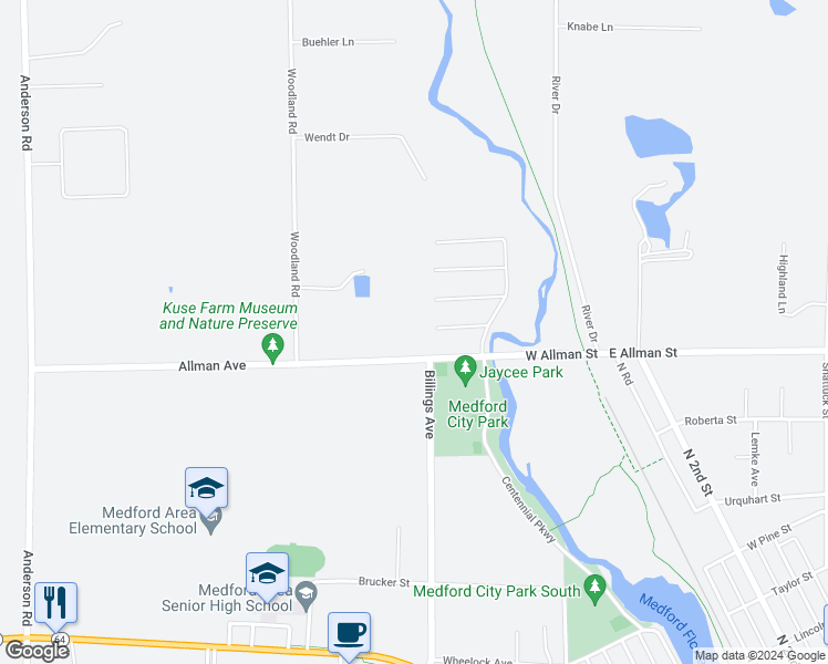 map of restaurants, bars, coffee shops, grocery stores, and more near 805 West Allman Street in Medford