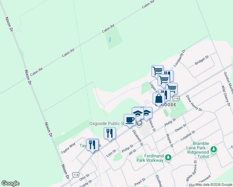 map of restaurants, bars, coffee shops, grocery stores, and more near 5579 Lombardy Drive in Ottawa