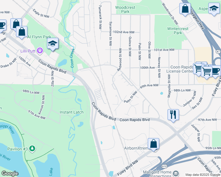 map of restaurants, bars, coffee shops, grocery stores, and more near 9923 Redwood Street Northwest in Minneapolis