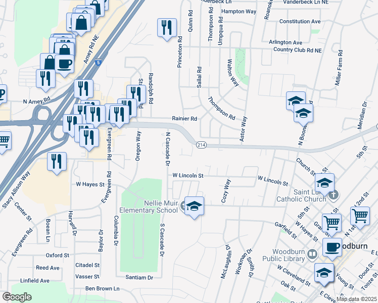 map of restaurants, bars, coffee shops, grocery stores, and more near 950 North Cascade Drive in Woodburn