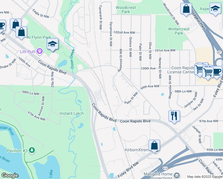 map of restaurants, bars, coffee shops, grocery stores, and more near 9923 Redwood Street Northwest in Minneapolis