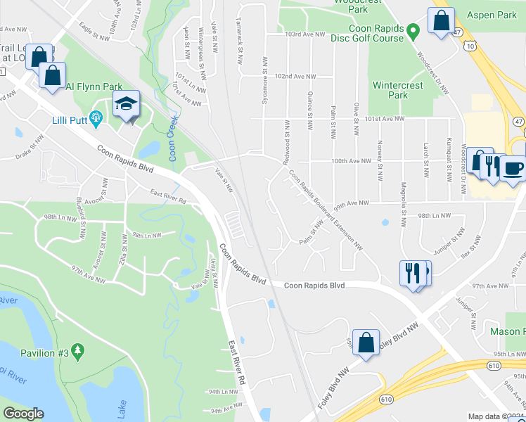 map of restaurants, bars, coffee shops, grocery stores, and more near 9923 Redwood Street Northwest in Minneapolis