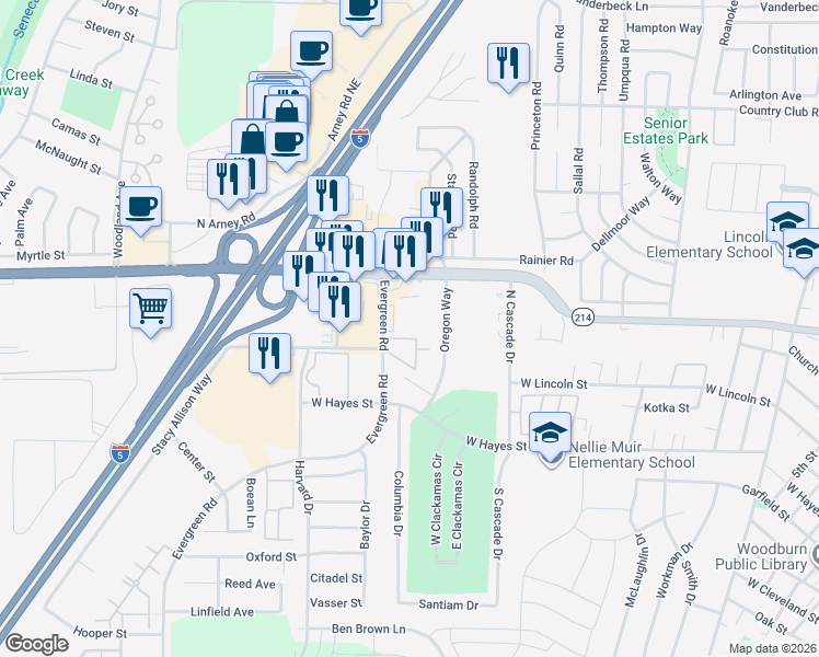 map of restaurants, bars, coffee shops, grocery stores, and more near 925 Oregon Way in Woodburn