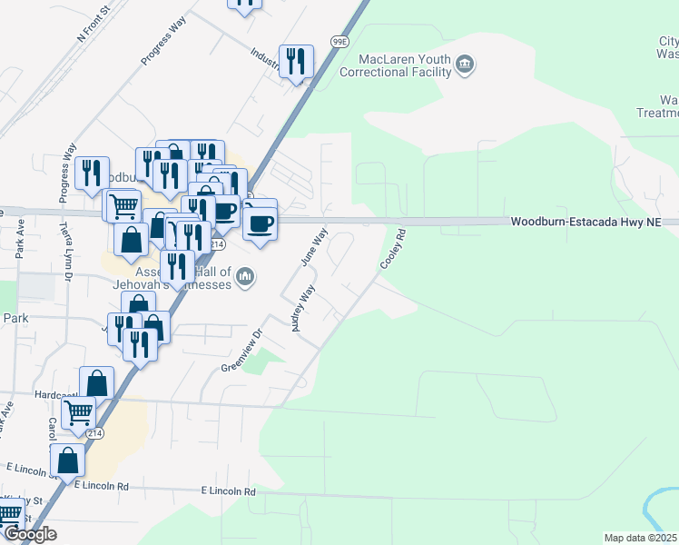 map of restaurants, bars, coffee shops, grocery stores, and more near 1573 Granite Street in Woodburn