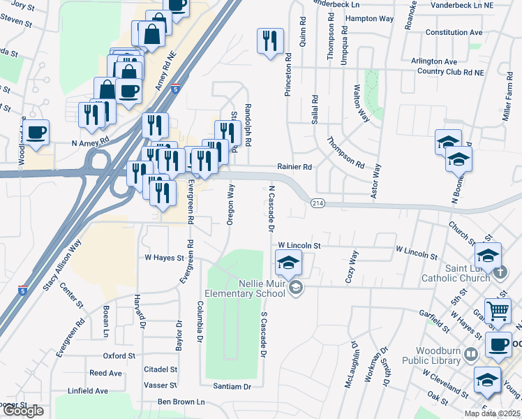 map of restaurants, bars, coffee shops, grocery stores, and more near 943 North Cascade Drive in Woodburn