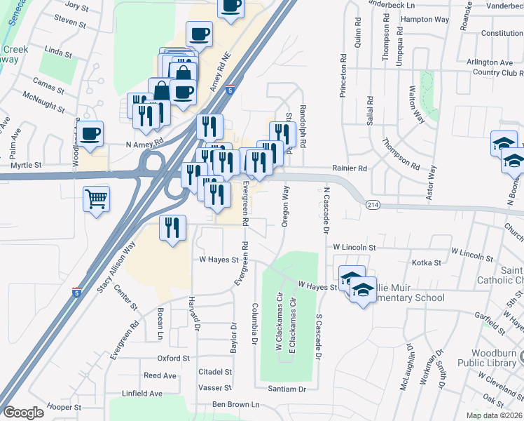 map of restaurants, bars, coffee shops, grocery stores, and more near 950 Evergreen Road in Woodburn