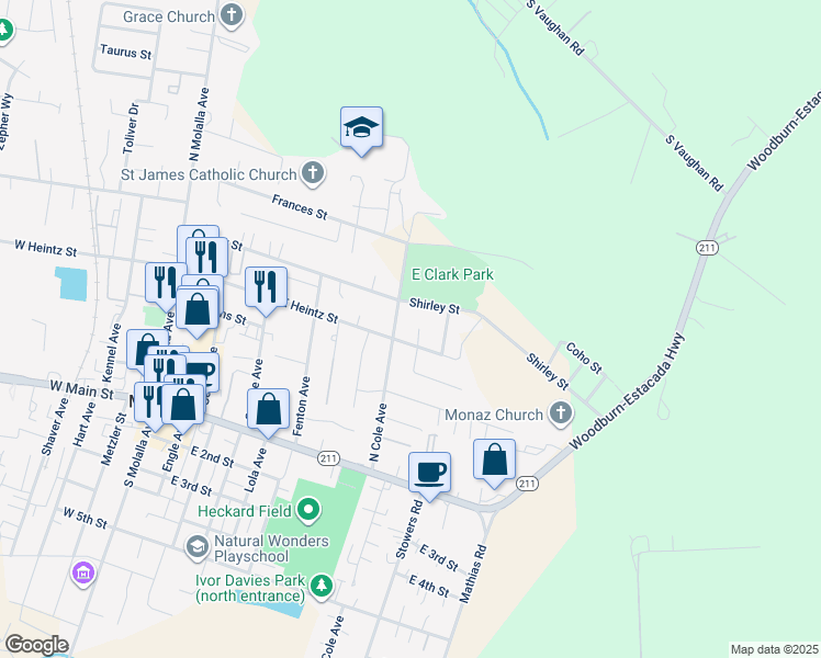 map of restaurants, bars, coffee shops, grocery stores, and more near 304 Park Place in Molalla