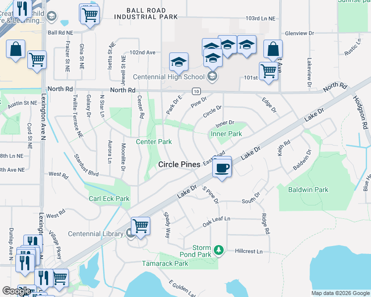 map of restaurants, bars, coffee shops, grocery stores, and more near 20 Pine Drive in Circle Pines