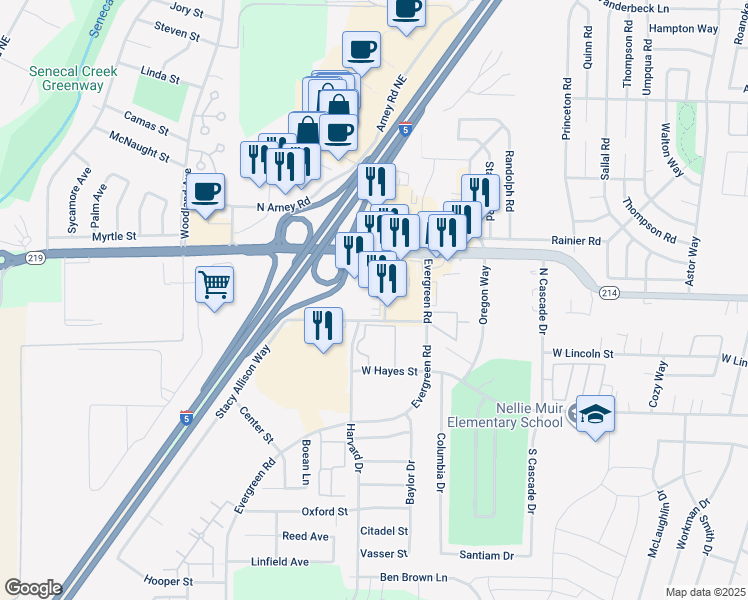 map of restaurants, bars, coffee shops, grocery stores, and more near 855 Lawson Avenue in Woodburn