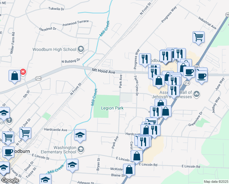 map of restaurants, bars, coffee shops, grocery stores, and more near 1469 Park Avenue in Woodburn