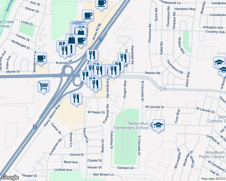 map of restaurants, bars, coffee shops, grocery stores, and more near 950 Evergreen Road in Woodburn