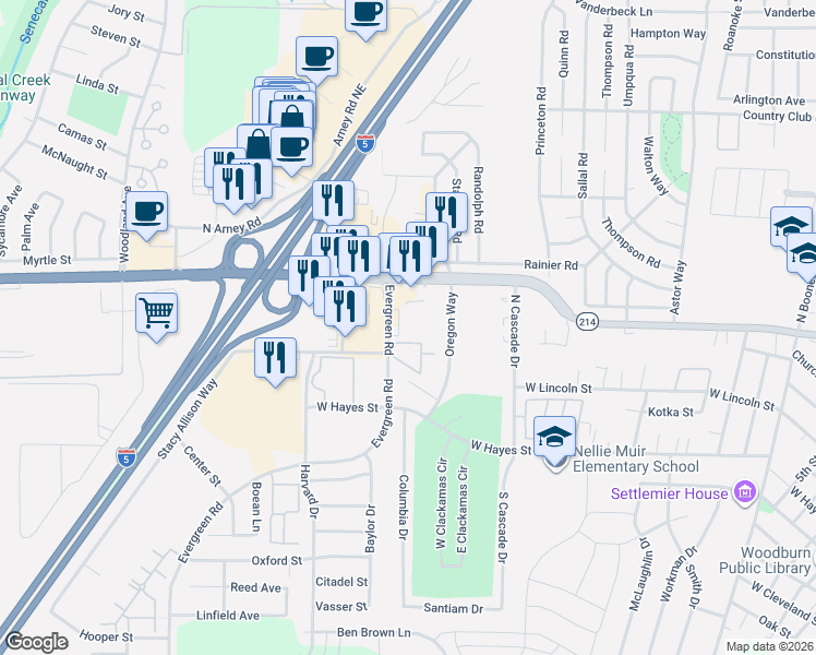 map of restaurants, bars, coffee shops, grocery stores, and more near 950 Evergreen Road in Woodburn