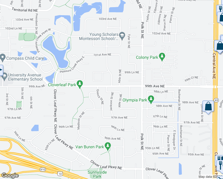 map of restaurants, bars, coffee shops, grocery stores, and more near 821 98th Lane Northeast in Minneapolis