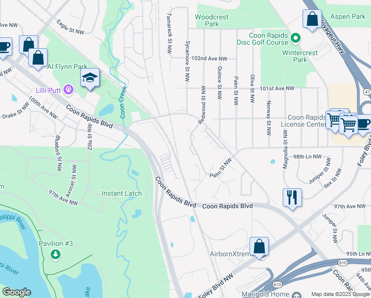 map of restaurants, bars, coffee shops, grocery stores, and more near 9900 Redwood Street Northwest in Coon Rapids