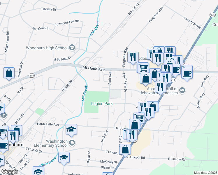 map of restaurants, bars, coffee shops, grocery stores, and more near 1469 Park Avenue in Woodburn
