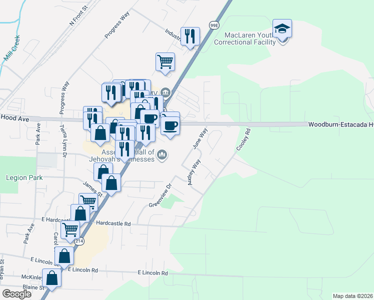 map of restaurants, bars, coffee shops, grocery stores, and more near 1477 June Way in Woodburn