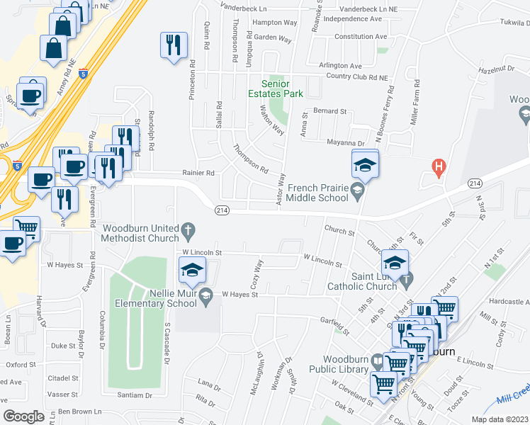 map of restaurants, bars, coffee shops, grocery stores, and more near 1540 Newberg Highway in Woodburn