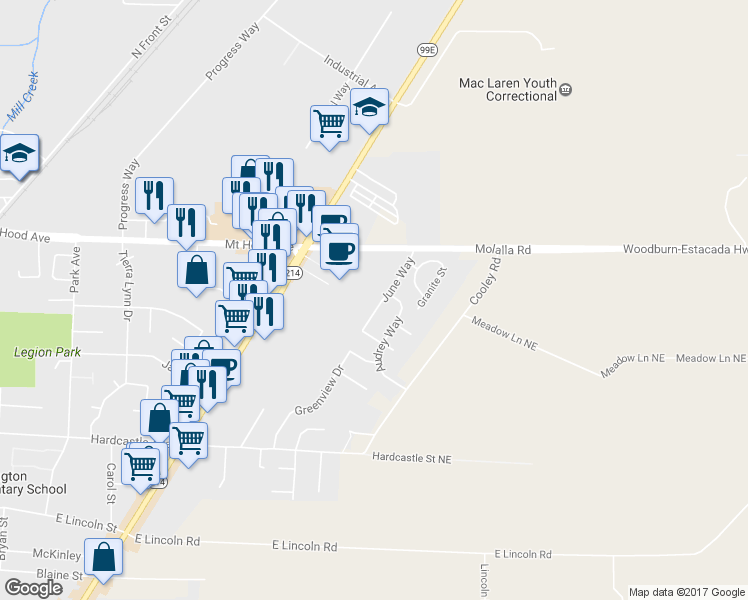 map of restaurants, bars, coffee shops, grocery stores, and more near 1477 June Way in Woodburn