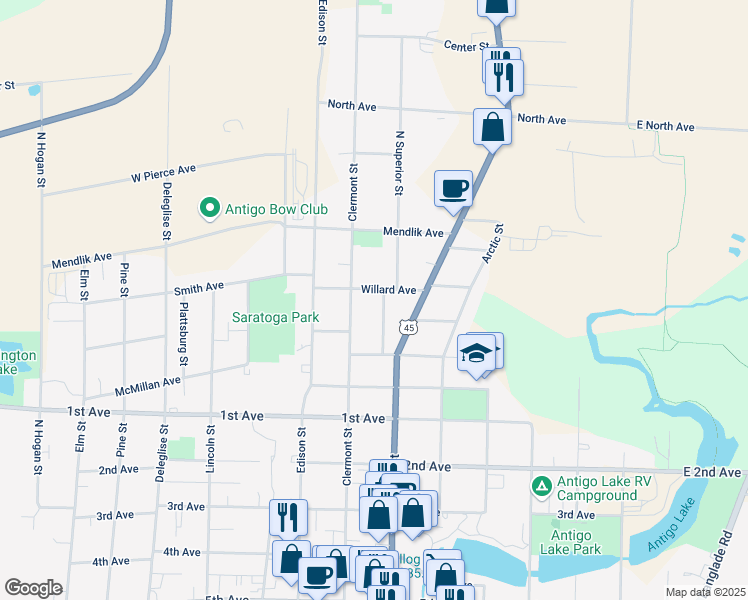 map of restaurants, bars, coffee shops, grocery stores, and more near 706 Willard Avenue in Antigo