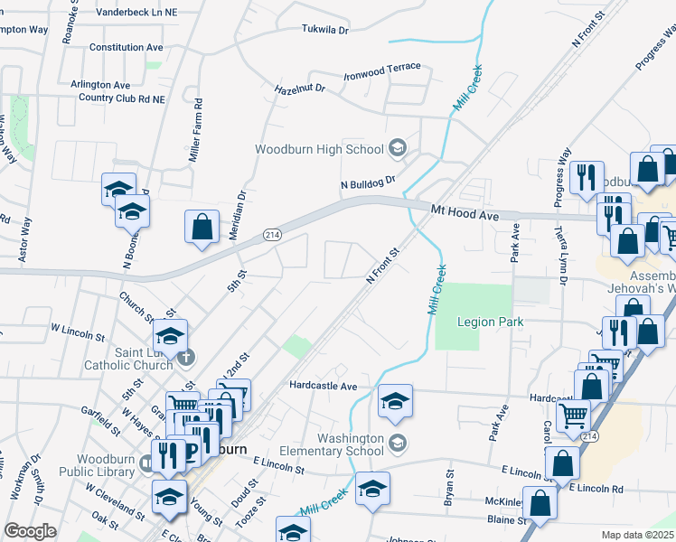 map of restaurants, bars, coffee shops, grocery stores, and more near Stonehedge Pl in Woodburn