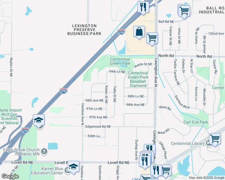 map of restaurants, bars, coffee shops, grocery stores, and more near 9868 Yalta Street Northeast in Circle Pines