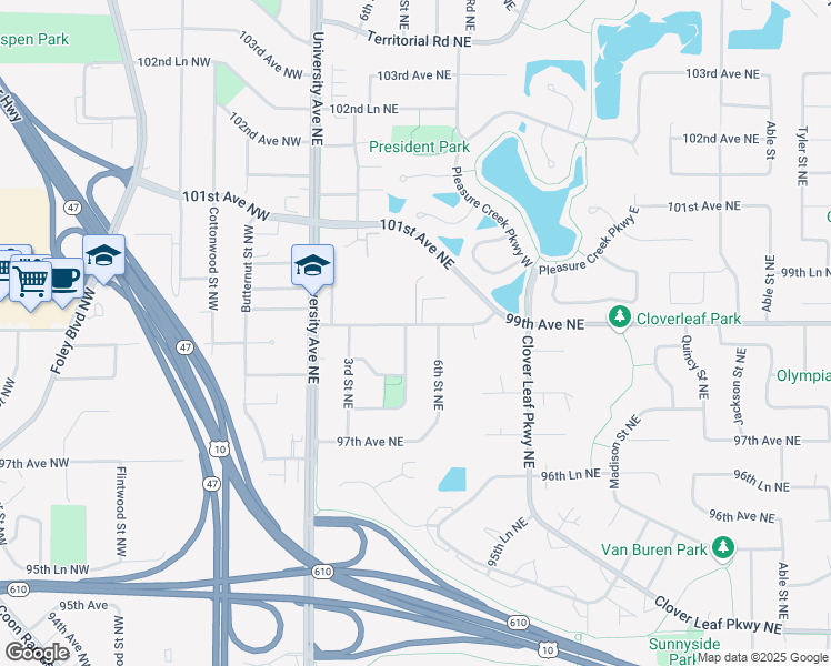 map of restaurants, bars, coffee shops, grocery stores, and more near 106 99th Avenue Northeast in Blaine