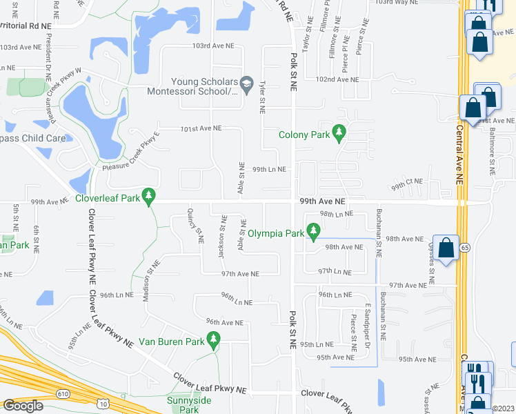map of restaurants, bars, coffee shops, grocery stores, and more near 9848 Tyler Street Northeast in Minneapolis